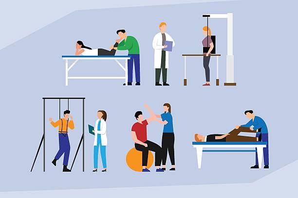 Illustration of physiotherapists and patients in a clinic setting, showing what to expect at a first home physiotherapy visit