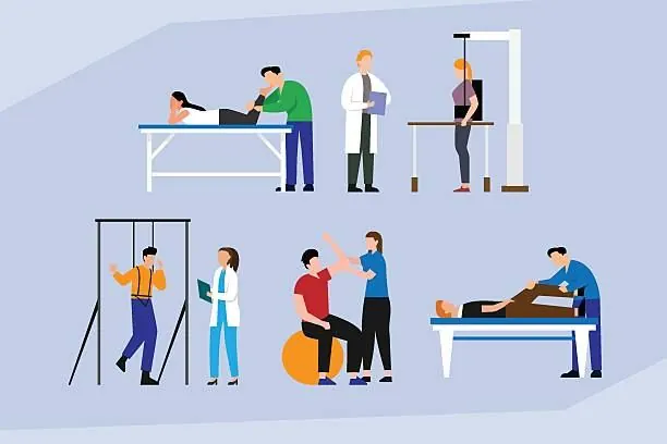 Illustration of physiotherapists and patients in a clinic setting, showing what to expect at a first home physiotherapy visit