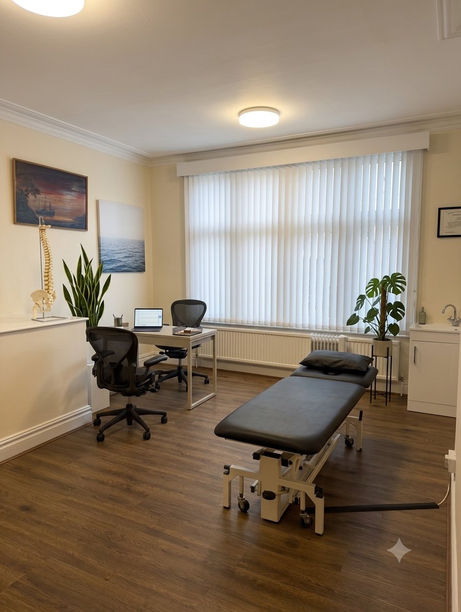 Interior of an Iris Physio treatment room with an adjustable treatment bed and clinical equipment