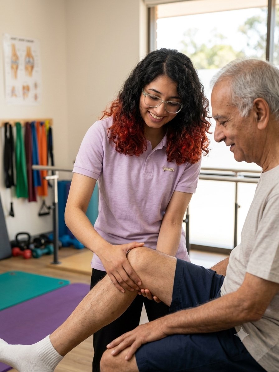 Iris Physio physiotherapist assessing an elderly patient's knee during a clinic session