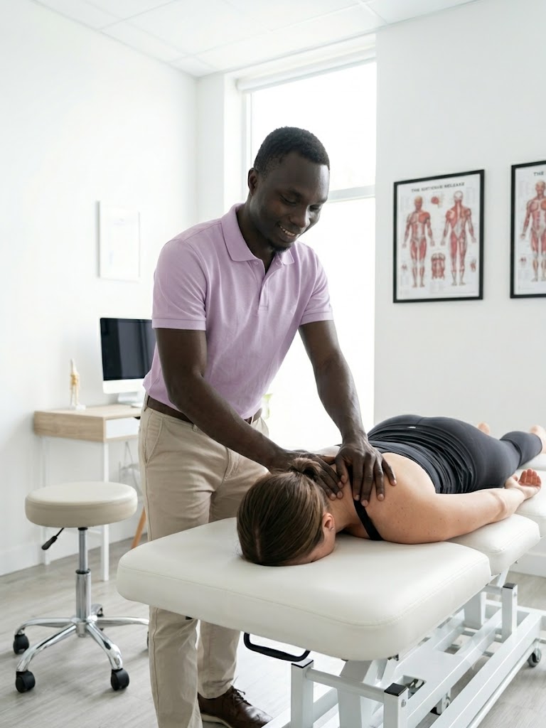 Physiotherapist treating a patient's neck and shoulders on a treatment table at an Iris Physio clinic